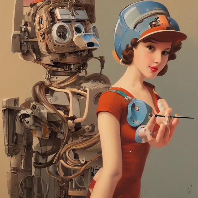 Prompt: robot artist painting a self - portrait on a canvas. intricate, highly detailed, digital matte painting, in the style of sachin teng, and in the style of gil elvgren. irony, recursion, inspiration.