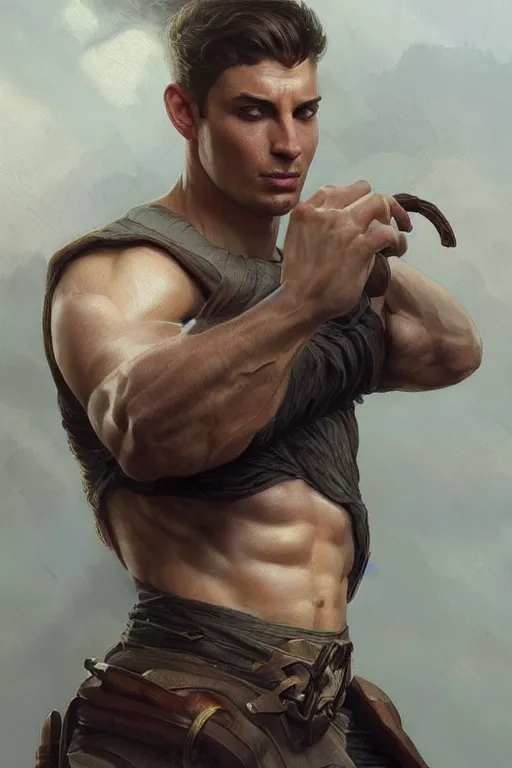 Image similar to Young man, no beard, muscular upper body, D&D, fantasy, realistic physic, accurate hyper-realistic body, elegant, highly detailed, digital painting, artstation, concept art, smooth, sharp focus, illustration, art by artgerm and greg rutkowski and alphonse mucha