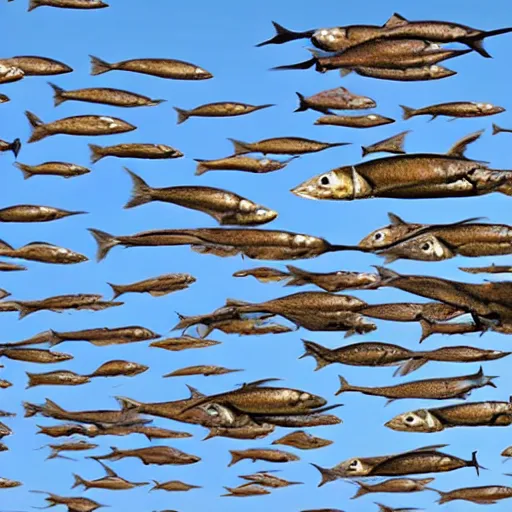 Image similar to army of levitating fish in mid air