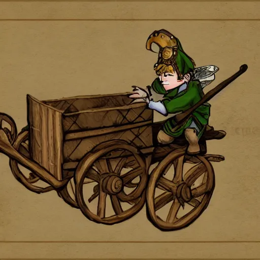 Image similar to illustration of a cart being ridden by a halfling wizard, high elf ranger, dragonborn, elven bard, dungeons and dragons