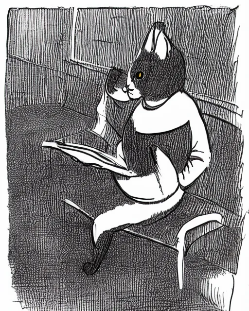 Image similar to a cat seated on the subway, cross-legged. White background. New Yorker cartoon. B&W. Black and white.