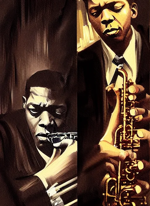 Prompt: john coltrane meeting mingus in a dark jazz cafe in paris 1 9 5 6, intricate, elegant, highly detailed, digital painting, artstation, concept art, smooth, sharp focus, illustration, art by wlop, mars ravelo and greg rutkowski