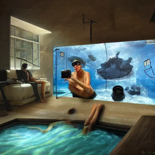 Prompt: swimming through the streams of internet, living inside the virtual reality by otto frello