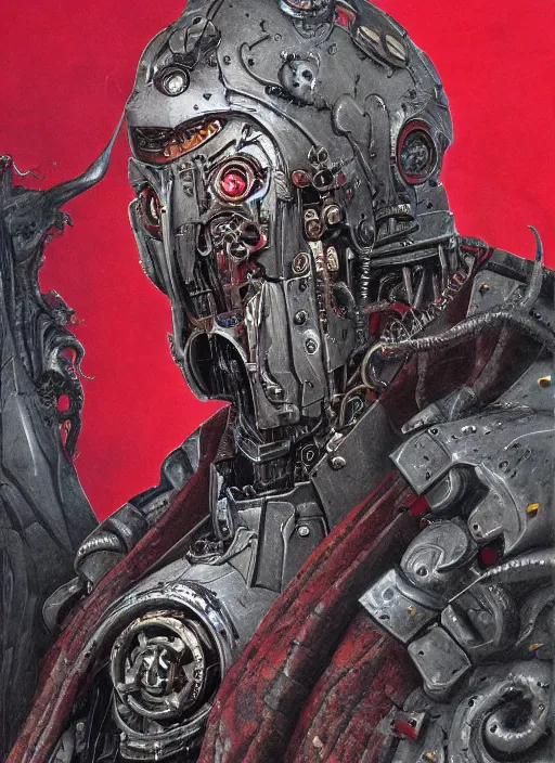 Image similar to portrait of rotten Nicolas Cage as adeptus mechanicus in red hood and robe from Warhammer 40000, mechanical tentacles. Highly detailed, artstation, illustration by and John Blanche and zdislav beksinski and wayne barlowe