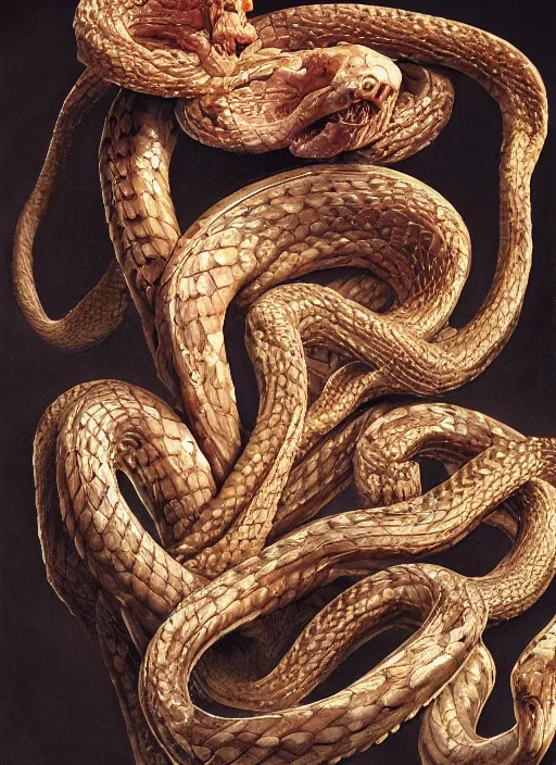 Image similar to snake with three heads with translucent skin, visible muscles and veins and arteries and bones and spines and nerves, beautiful detailed intricate insanely detailed octane render, 8k artistic photography, photorealistic, chiaroscuro, by David Cronenberg, Raphael, Caravaggio