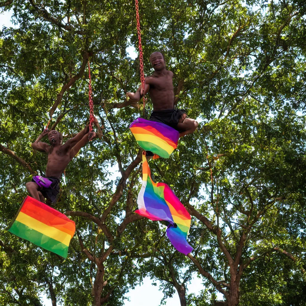 Image similar to black person swinging from the trees waving an lgbt flag