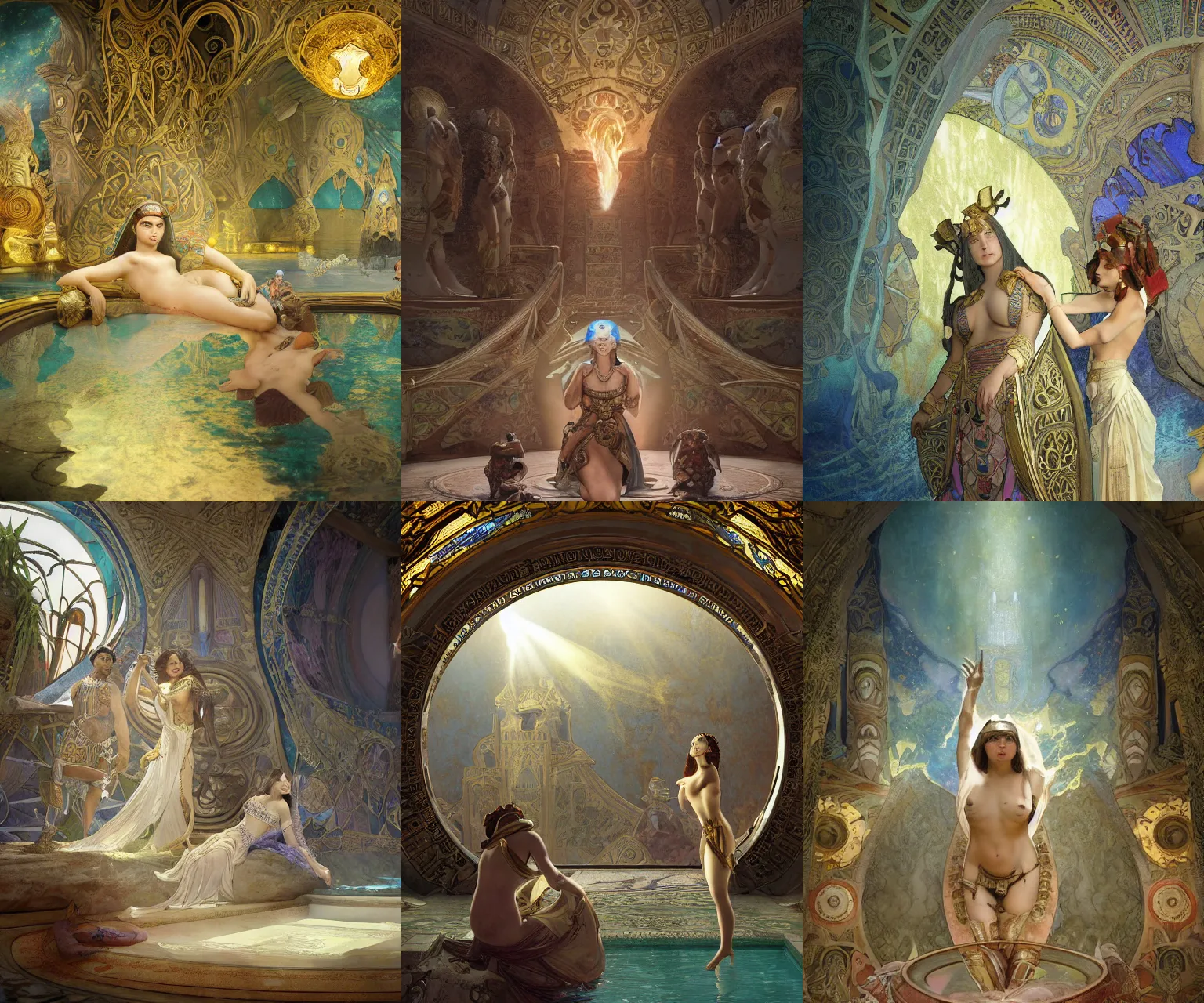 Prompt: fantasy movie scene alfons mucha and franz frazetta and canaletto detailed digital art of ornate and royal egyptian antechamber tomb, cleopatra in a circular pool with an erupting galaxy, epic atmosphere, sharp sunray lighting, cinematic lighting, fine details, 4 k, unreal engine, hyperrealism, cinematic composition, blender render, realistic, detailed textures, very wide shot