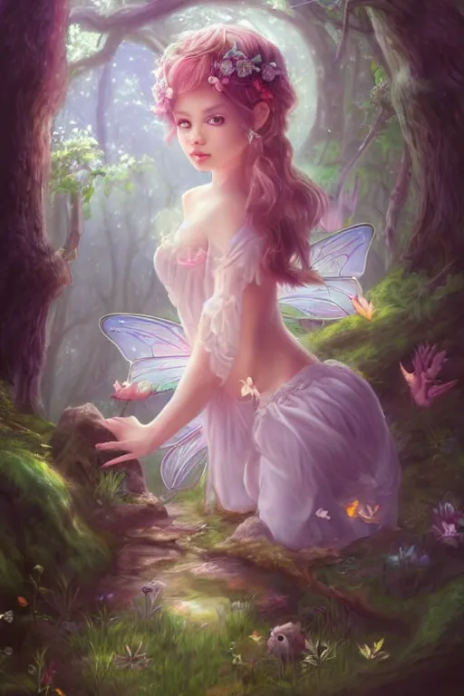 Image similar to a cute fairy in the dreamy forest, fantasy, 8 k resolution, hyper detailed, d & d, character design, digital painting, trending on artstation, sharp focus, illustration, art by artgerm, steve zheng, fuji choko, viktoria gavrilenko, hoang lap