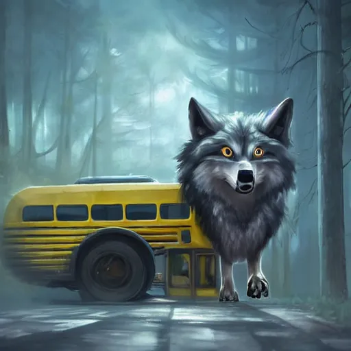 Prompt: Transformer hybrid of bus and wolf, having cabin if form of wolf head with big yellow eyes looking at us and long body of bus with wheels and windows, mechanical form of life, oil on canvas, fantasy, digital painting, concept art, smooth, sharp focus, illustration, artstation trending, octane render, unreal engine, Ghibli, anime style