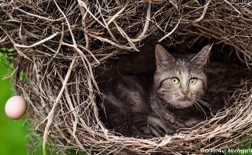 Image similar to cat guarding it's eggs. big nest. wild, nature photography, david attenborough, strange, photograph, photorealistic