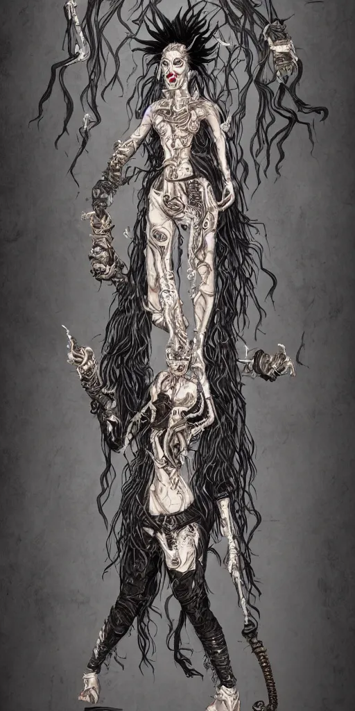 Prompt: full body and head , spiked black hair character design of realistic asian Sumerian Death Goddess ivory skin runic icons + mystical symbols, with small bleached bones covering vest and flowing electricity and smoke , fantasy, intricate, elegant, highly detailed, artstation, ,photoreal, ghostbusters , peter mordenbacher,Mike Winkelmann, ultra realistic, intricate, epic lighting, 8k resolution, unreal engine 5, ultraviolet colors