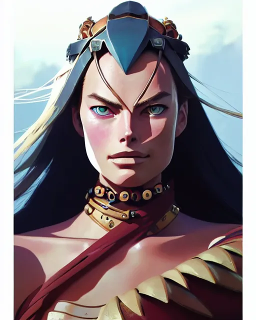 Image similar to azctec warrior, margot robbie, detailed perfect face, exquisite details, fire magic, mid view, design on a white background, by studio muti, greg rutkowski makoto shinkai takashi takeuchi studio ghibli