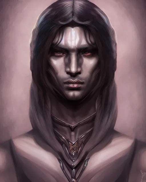 Prompt: portrait of a feminine male dark elf, dark obsidian skin, long hair, fantasy, feminine, elegant, intricate, highly detailed, digital painting, artstation, concept art, sharp focus, illustration