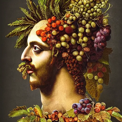 Prompt: psuchedelic god dionysus with leaves and grape in his hair by arcimboldo