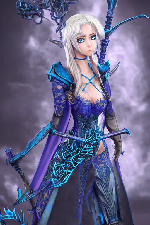 Prompt: anime drawing of galena, a female elf wizard wearing an elaborate blue dress and holding a massive staff carved out of dragon bones, photorealistic computer animation, unreal engine, artstation, pixmax