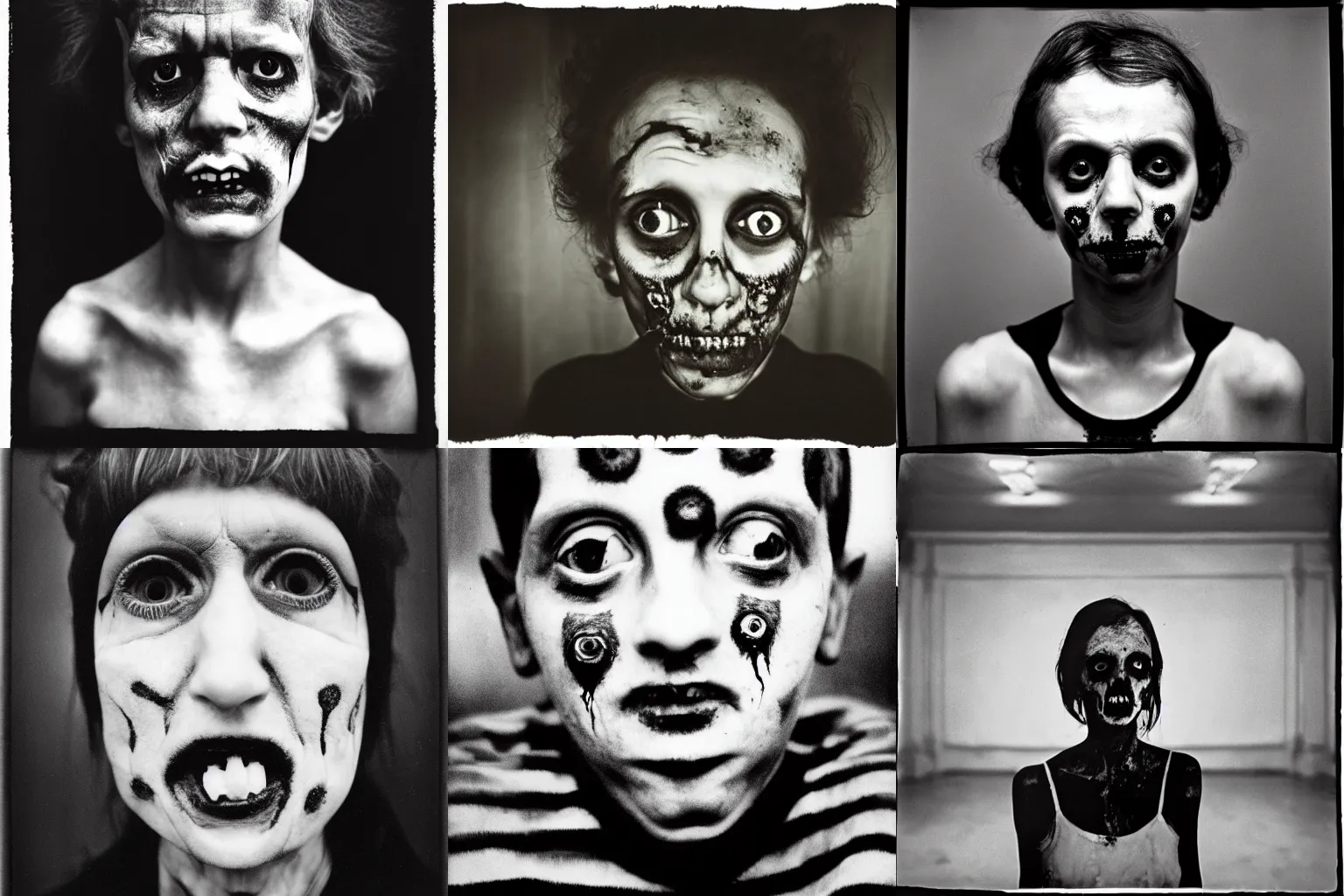 Prompt: portrait of a zombie by Diane Arbus, black and white, photorealistic, symmetrical, 50mm