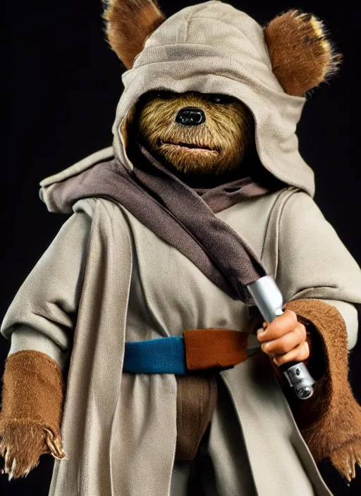 Prompt: Jedi Ewok Kenner figure in the blister. Studio lighting, no background.