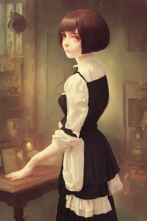 Prompt: a portrait of a cute young Victorian maid with black bob cut hair, steampunk setting, vivid colors, soft lighting, atmospheric, cinematic, moody, in the style of Ilya Kuvshinov and Range Murata, Krenz Cushart, oil on canvas, 8k