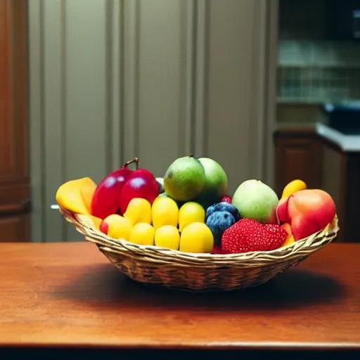 Prompt: a fruit basket on top of a kitchen table, cinestill