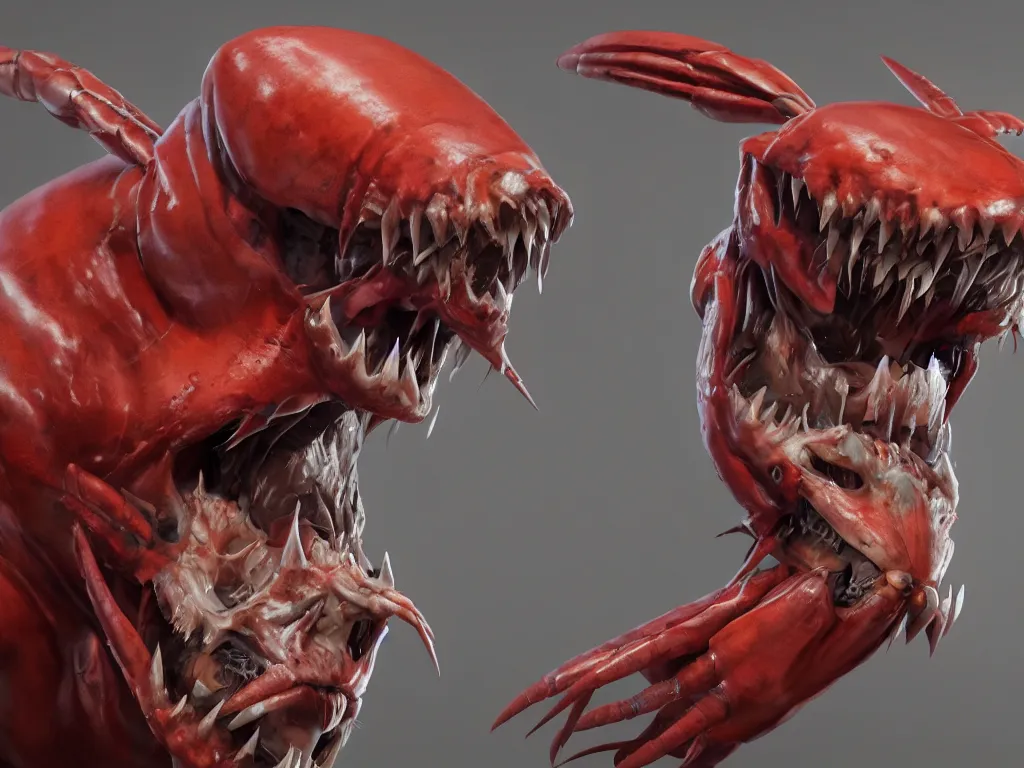 Prompt: game concept art, muscular, crustacean head, sharp teeth, hyperrealism, artstation, cgsociety, zbrush, no background