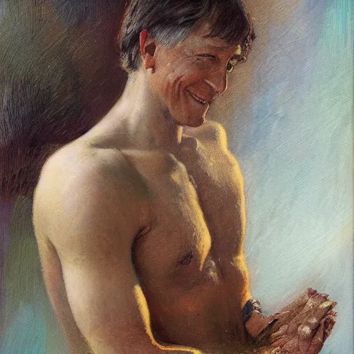 Image similar to Bill Gates with an shredded, toned, inverted triangle body type, painting by Gaston Bussiere, Craig Mullins, XF IQ4, 150MP, 50mm, F1.4, ISO 200, 1/160s, natural light