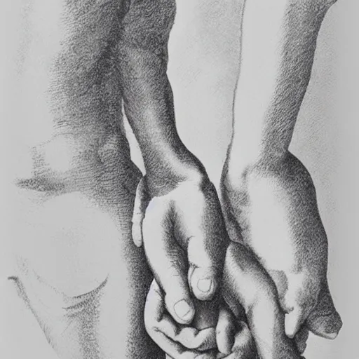 Prompt: two men holding hands by Michelangelo