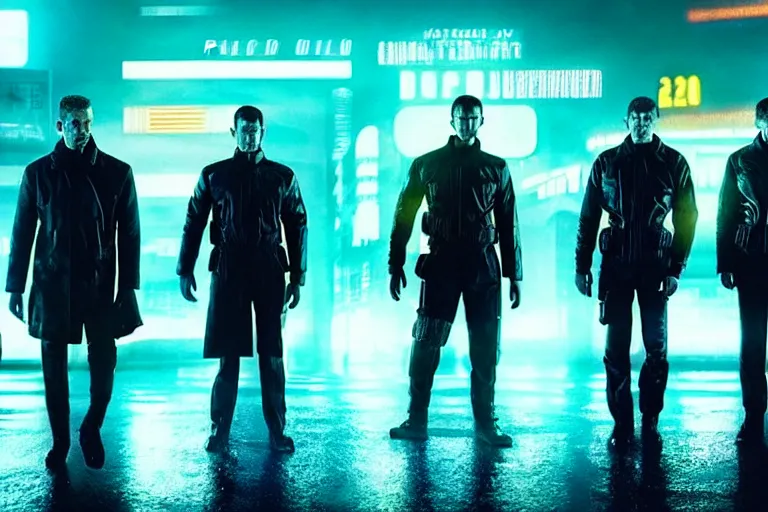 Image similar to film still of closeup beautiful futuristic police squad in blade runner 2 0 4 9, cinematic, moody, gritty neon noir by emmanuel lubezki