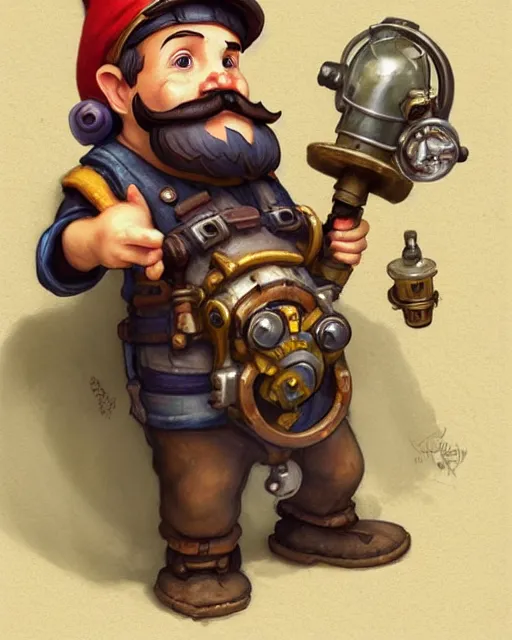 Prompt: A little engineer gnome with a bushy moustache, his tired and grubby with oil stains, standing next to a little mechanical squirrel , deep focus, D&D, fantasy, intricate, elegant, highly detailed, digital painting, artstation, concept art, matte, sharp focus, illustration, hearthstone, art by Artgerm and Greg Rutkowski and Alphonse Mucha