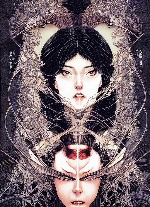 Prompt: portrait of an intense woman with a crooked nose, symmetrical, glamour, by yoichi hatakenaka, masamune shirow, josan gonzales and dan mumford, ayami kojima, takato yamamoto, barclay shaw, karol bak, yukito kishiro