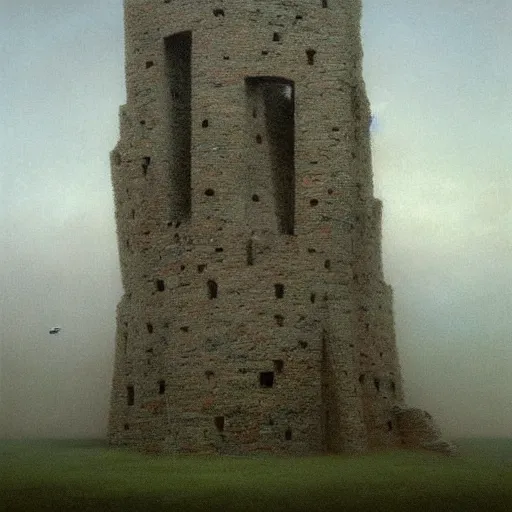 Image similar to an ancient ruined tower atop a crag, moody, ethereal, atmospheric, painting, Zdzisław Beksiński