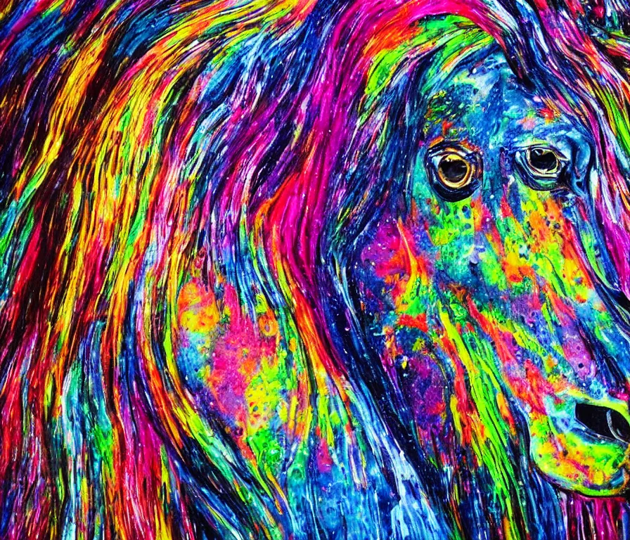 Image similar to still shot close up footage of the portrait of a horse head made of acrylic pour and coloured powder explosion and splashing paint and dripping paint and flying paint chunks, motion blur, hyperrealistic, medical, intricate art photography, anatomically correct, realistic crisp textures, 1 6 k