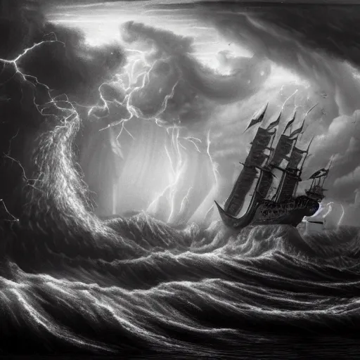 Prompt: a highly detailed hyperrealistic scene of a ship being attacked by giant squid tentacles, jellyfish, squid attack, dark, voluminous clouds, thunder, stormy seas, pirate ship, dark, high contrast, black and white, red, fiery storm