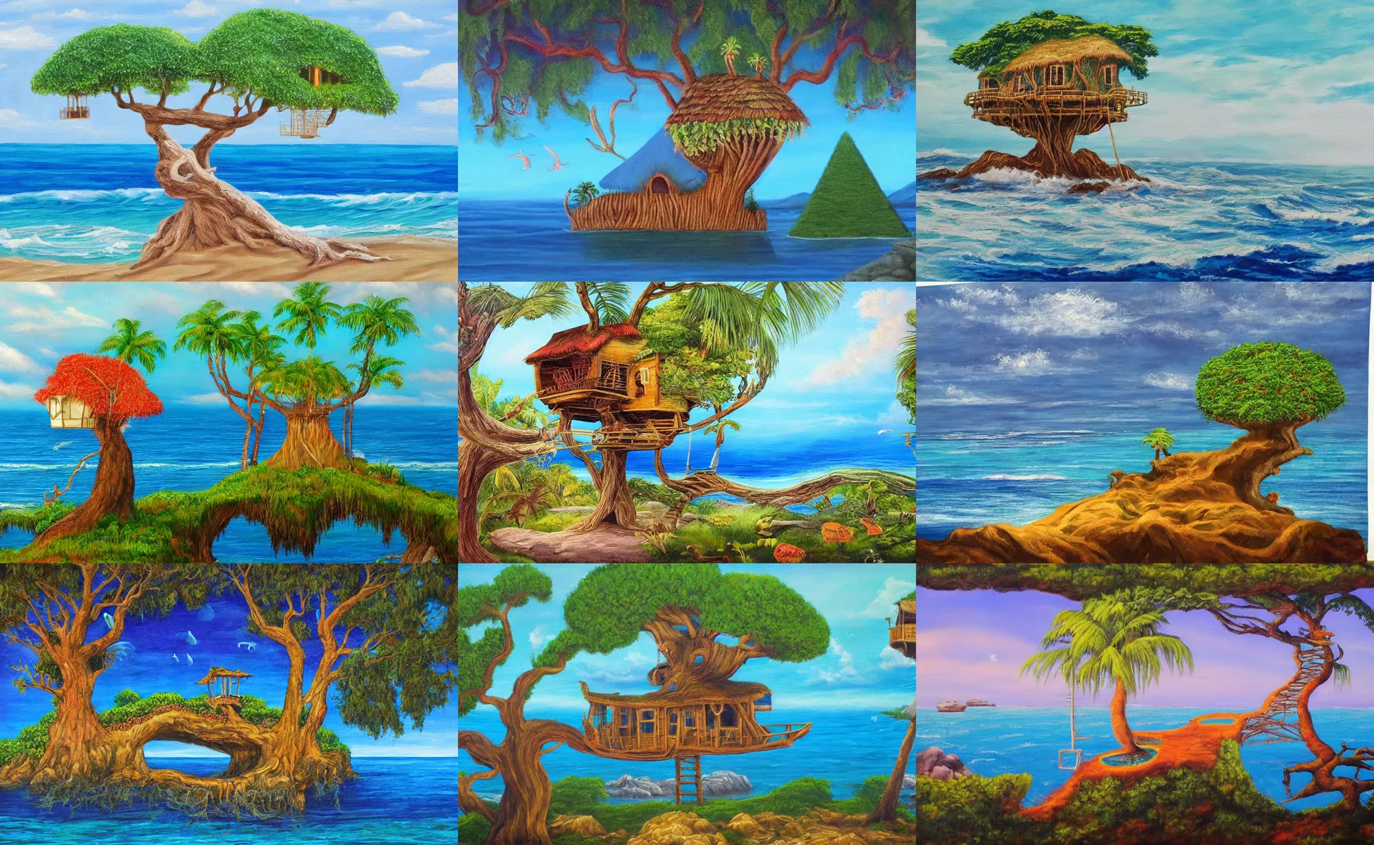 Prompt: velvet painting of a mystical island treehouse on the ocean