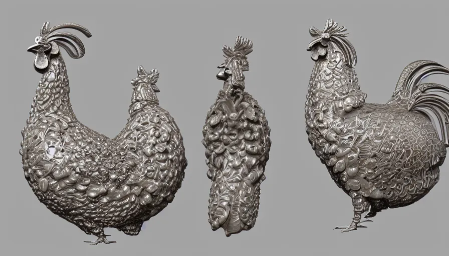 Image similar to rene lalique jewelry design with a rooster, hens, chinckens, intricate, delicate, art nouveau, highly detailed, 3d render, uplight, 8k, unreal engine, octane rendered, wow