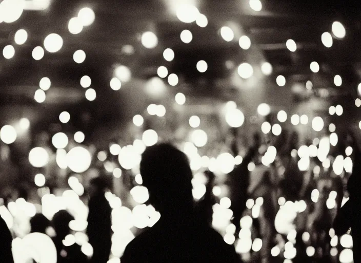 Prompt: a 2 8 mm macro photo of people at a colorful discotheque in silhouette in the 1 9 7 0 s, bokeh, canon 5 0 mm, cinematic lighting, dramatic, film, photography, golden hour, depth of field, award - winning, 3 5 mm film grain, low angle