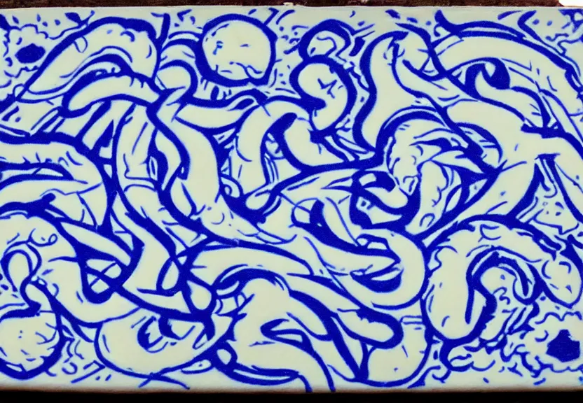 Prompt: azulejo blue and white painted tile art of robed culstists kneeling before cthulhu