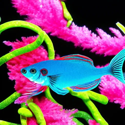 Prompt: a beautiful richly colored beta fish on a black background, full subject in view