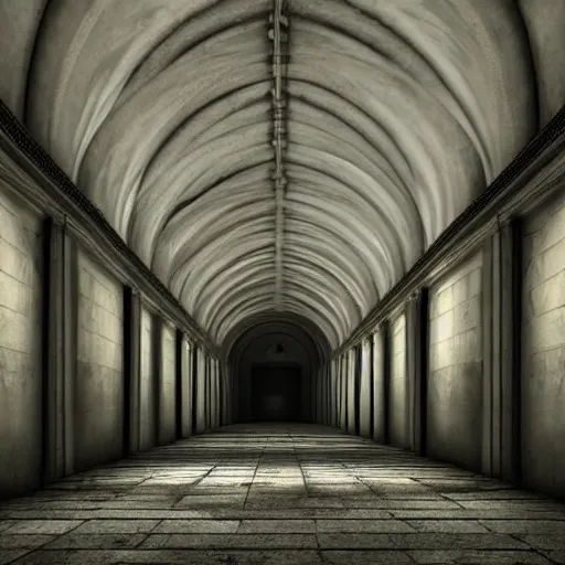 Image similar to a long shadowy asylum hallway at night, arched ceiling, one point perspective, vanishing point, symmetrical composition, rich colors, dramatic lighting, by lee madgwick, photorealistic, v - ray render 8 k uhd