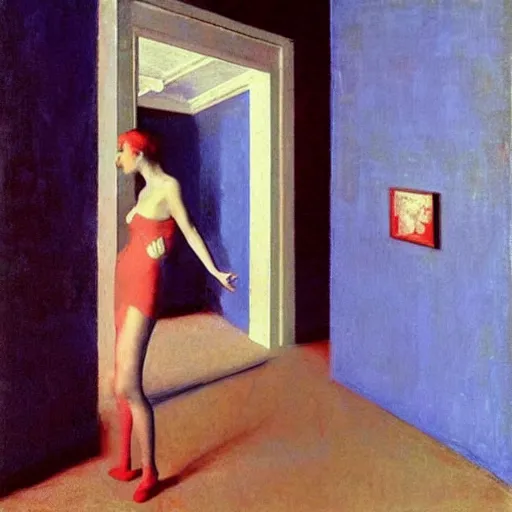 Image similar to an ivory beautiful young girl in a blue and red haunted liminal soviet room, film still by edward hopper, by gottfried helnwein, by klimt, art noveau, highly detailed, strong lights, liminal, eerie, bright pastel colors,