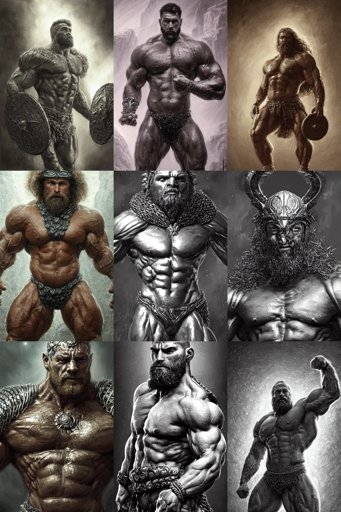 Prompt: portrait of a spartan bodybuilder posing ultra realistic illustration, a hulking herculean gigachad, silver scalemail, beard, intricate, highly detailed, digital painting, artstation, radiant light, caustics, war hero, psychedelic dmt, concept art, smooth, sharp focus, by gaston bussiere, bayard wu, giger, maxim verehin