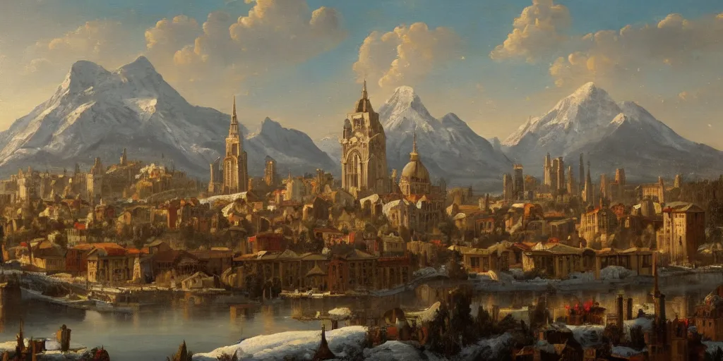 Prompt: a beautiful classical landscape painting of a large modern european city with the alps in the distance in the background, church with two towers and onion domes, mountains, snow, oil on canvas, highly detailed, 4 k, hd