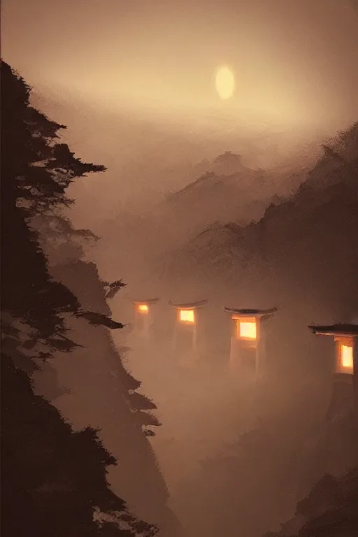 Prompt: Japanese Torii in a moutain ,night , by Grzegorz Rutkowski, concept art