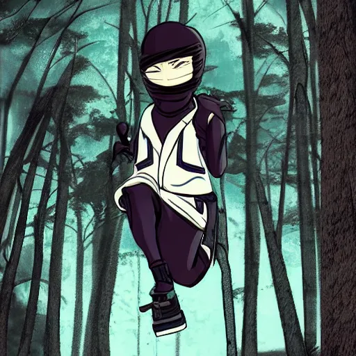 Image similar to a ninja in a moody forrest jumping, anime, steampunk, insanley detalied