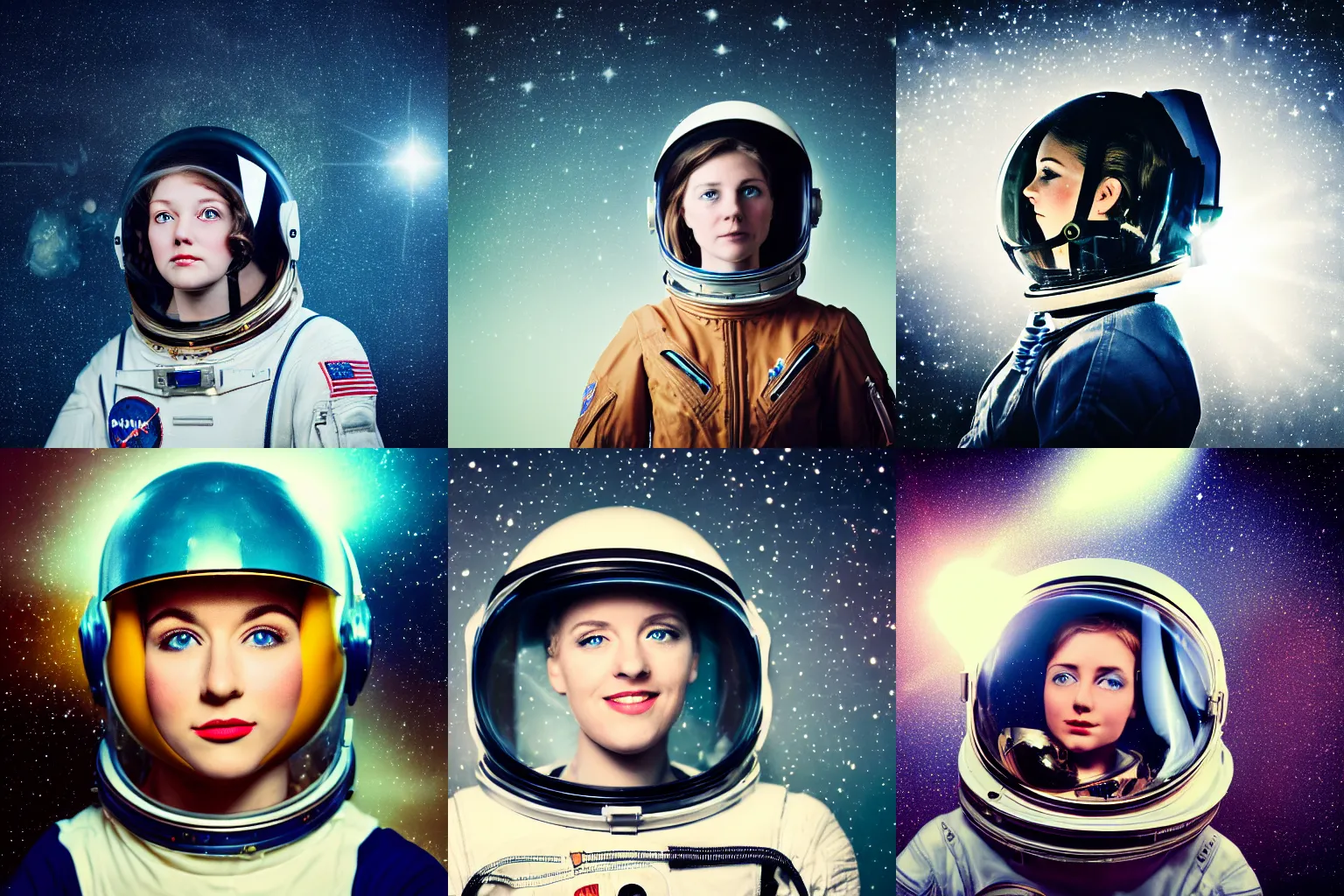 Prompt: portrait photography of a young woman astronaut with helmet, looking at the stars, 1 9 3 0's style. retro vintage. rembrandt light. depth of field. lens flare. moody. realistic blue eyes. muted colors