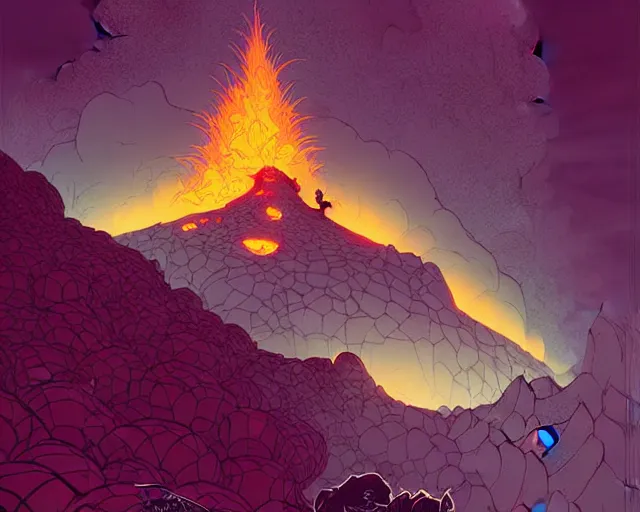 Prompt: cell shaded cartoon of a small hobbit climbing mount doom, lava on the mountain side, subtle colors, post grunge, concept art by josan gonzales and wlop, by james jean, victo ngai, david rubin, mike mignola, deviantart, art by artgem