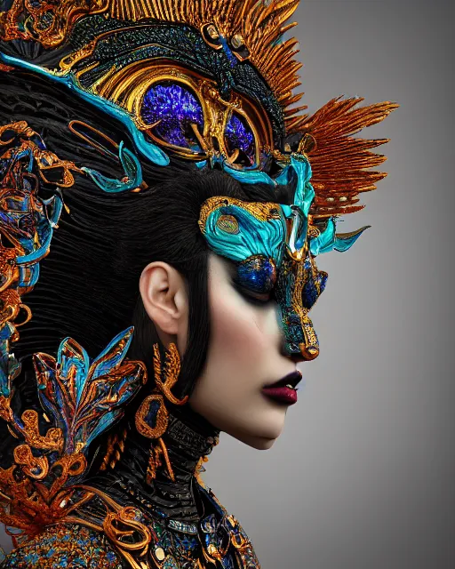 Image similar to 3 d warrior goddess close - up profile portrait. beautiful hyperrealistic intricate highly detailed chuu!! magpie helm and richly embroidered blouse, quetzalcoatl, bioluminescent, angry, gilded, plasma, lava, ice, feather, windy, artwork by tooth wu and wlop and annie leibovitz, octane 3 d render