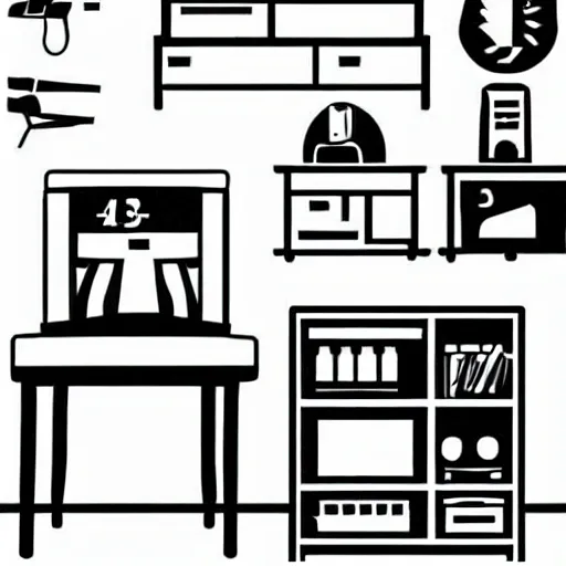 Prompt: ikea style manual illustration, nonexistent piece of furniture, icon