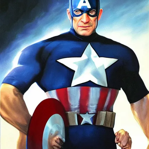 Image similar to Benjamin Netanyahu as Captain America by Alex Ross, detailed, full body