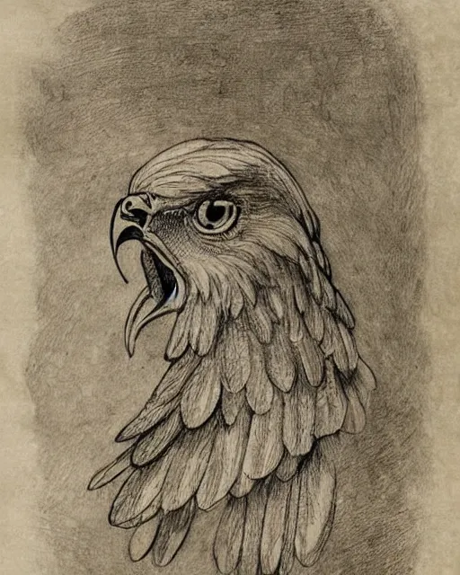 Prompt: half human half eagle creature with beak, drawn by da vinci