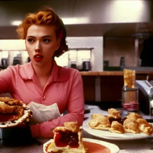 Image similar to Scarlett Johansson serving cherry pie at the double r diner in Twin Peaks (1990)